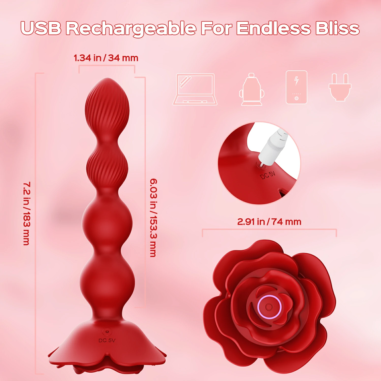 Rosanna - Remote Control Rose Rotating Beads Butt Plug Vibrator